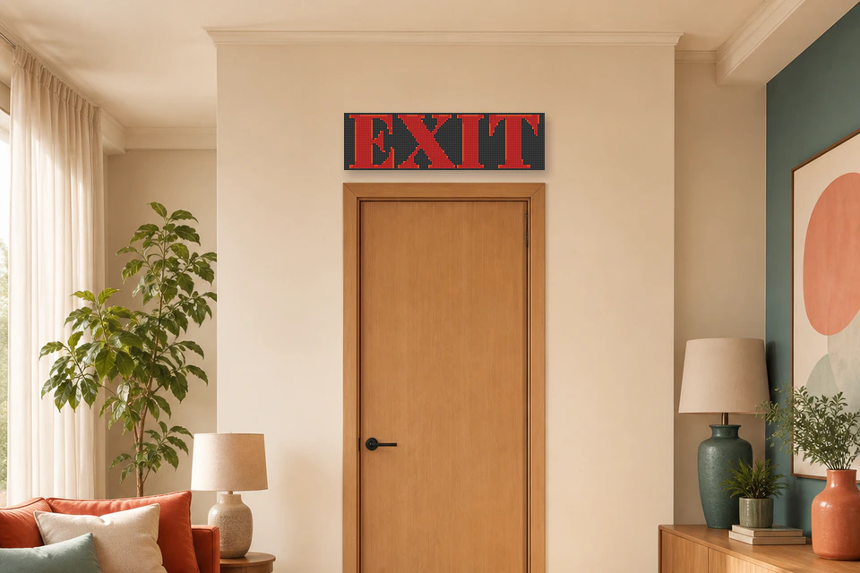 Message EXIT transformé en mosaïque au-dessus d'une porte